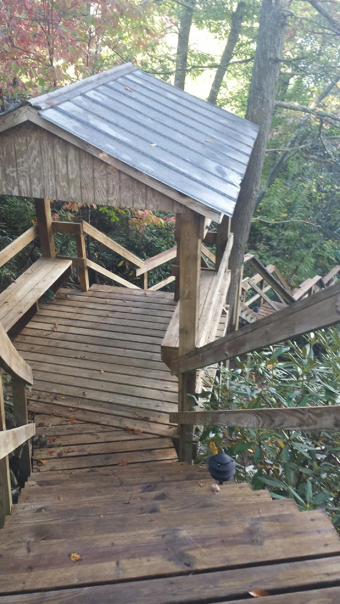 Metal roofed shelter over wooden steps on a wooded walkway — Skylight Repair & Installation work by our crew in Newland
